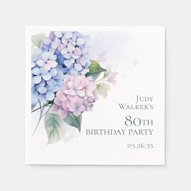 Pink Blue Hydrangeas 80th Birthday Party Napkin (Front)
