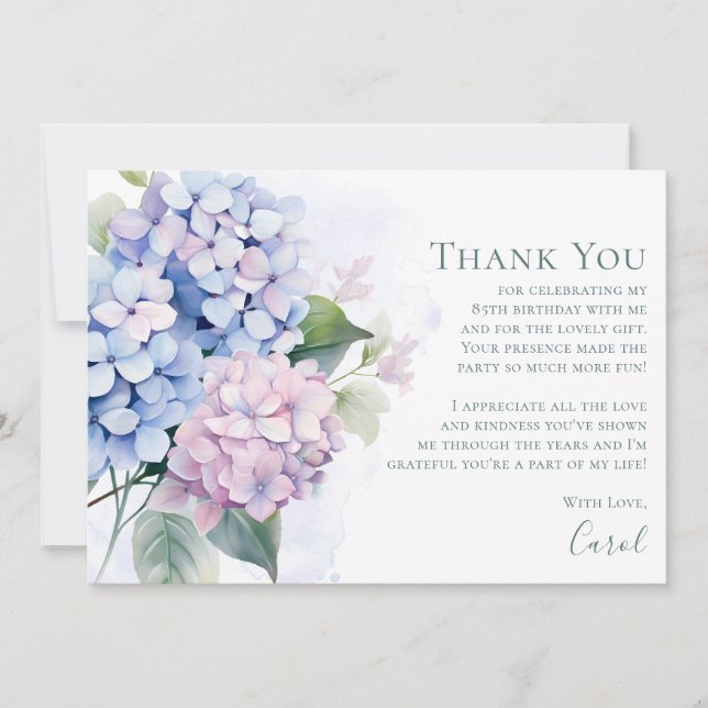Pink Blue Hydrangeas 85th Birthday  Thank You Card (Front)