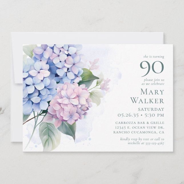Pink Blue Hydrangeas 90th Birthday Card Request (Front)