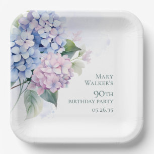 Pink Blue Hydrangeas 90th Birthday Paper Plate
