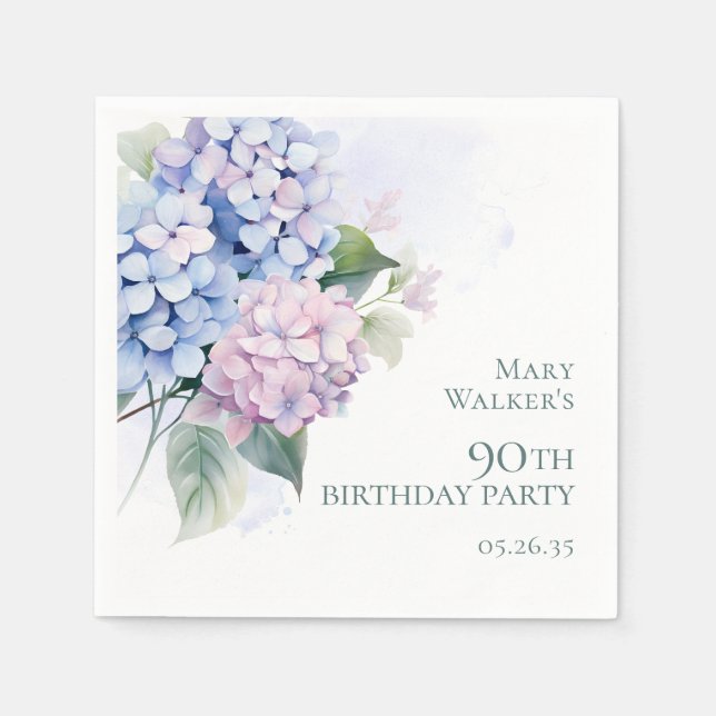 Pink Blue Hydrangeas 90th Birthday Party Napkin (Front)