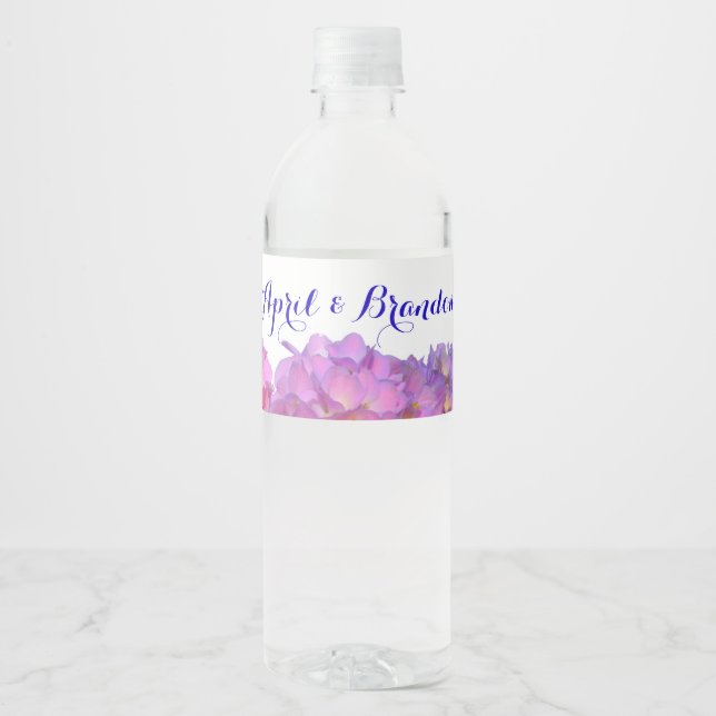 Pink Blue Hydrangeas elegant pink purple flowers Water Bottle Label (Front)