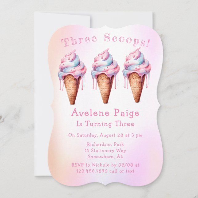 Pink Blue Ice Cream Three Scoops Birthday Party  Invitation (Front)