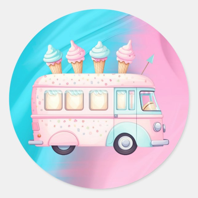 Pink Blue Ice Cream Truck Birthday Party Classic Round Sticker (Front)