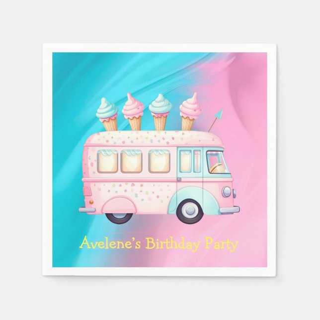 Pink Blue Ice Cream Truck Birthday Party Napkin (Front)