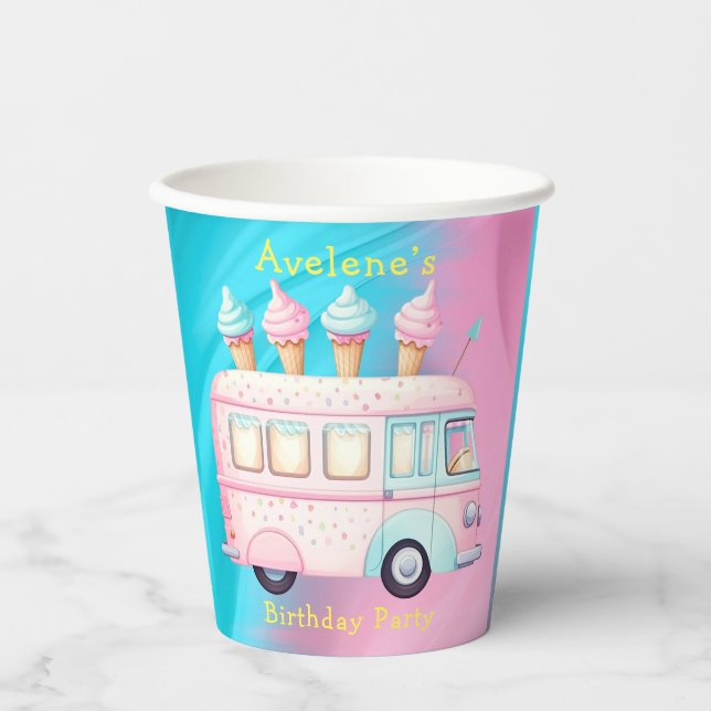 Pink Blue Ice Cream Truck Birthday Party Paper Cups (Front)