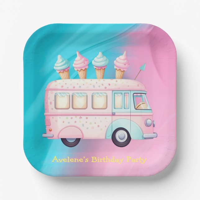 Pink Blue Ice Cream Truck Birthday Party Paper Plate (Front)