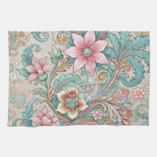 Pink Blue Indonesian Batik Floral Boho Watercolor Tea Towel