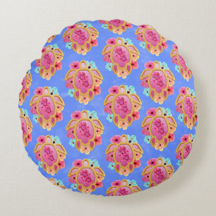 Pink Blue Island Tropical Sea Turtles Floral Round Cushion