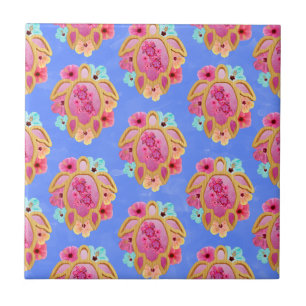 Pink Blue Island Tropical Sea Turtles Floral Tile
