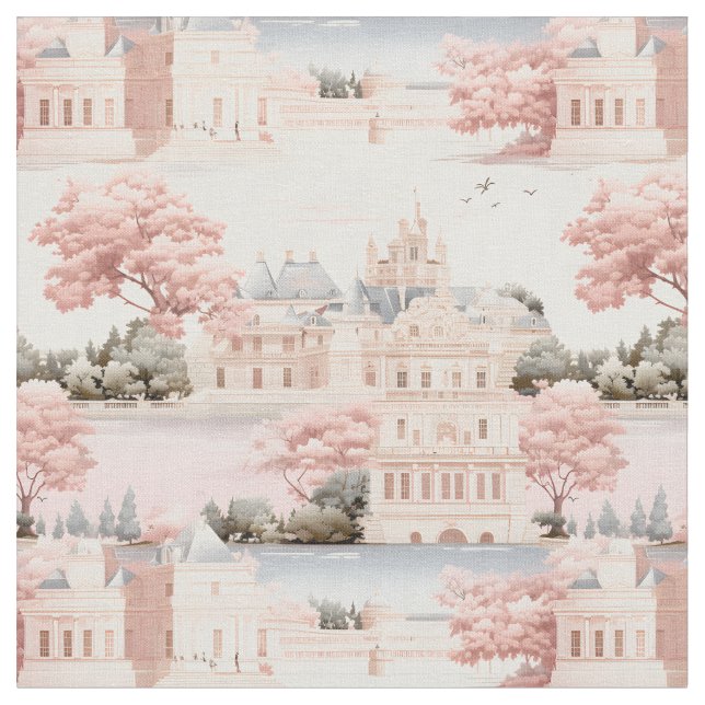 Pink, Blue & Ivory Landscape Fabric (Close Up)