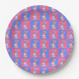 Pink Blue Kawaii Cute Chequered Bunny Rabbit Paper Plate