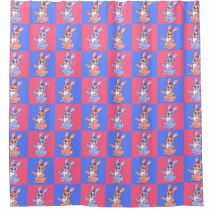 Pink Blue Kawaii Cute Chequered Bunny Rabbit Shower Curtain