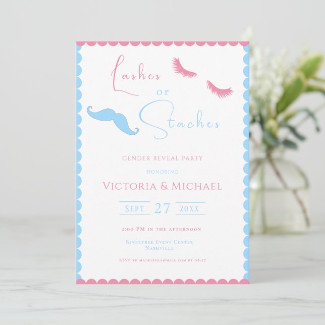 Pink & Blue Lashes or Staches Gender Reveal Invitation (Standing Front)