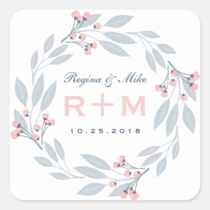 Pink Blue Leaf Floral Wreath Wedding Favour Sticke Square Sticker