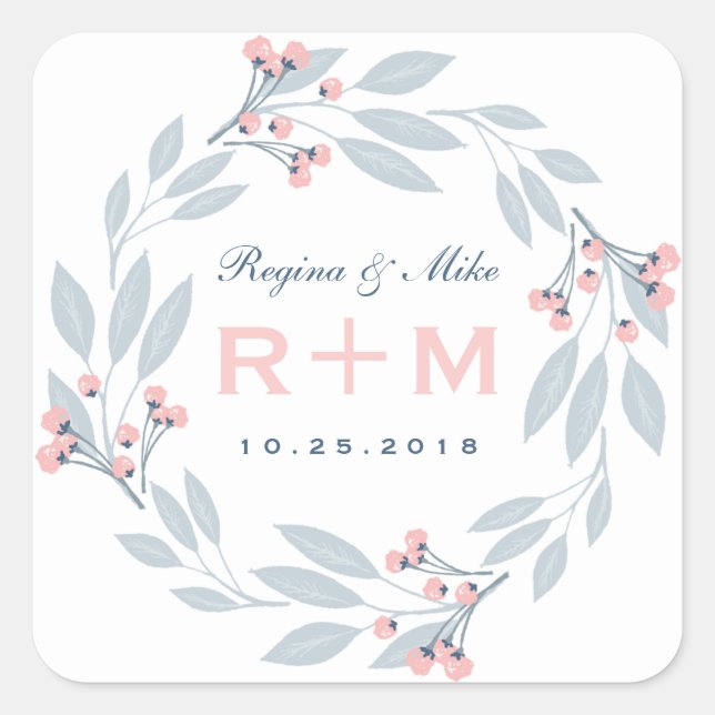 Pink Blue Leaf Floral Wreath Wedding Favour Sticke Square Sticker (Front)