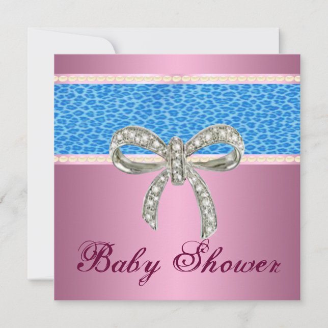 Pink Blue Leopard Diamond Bow Baby Shower Invite (Front)