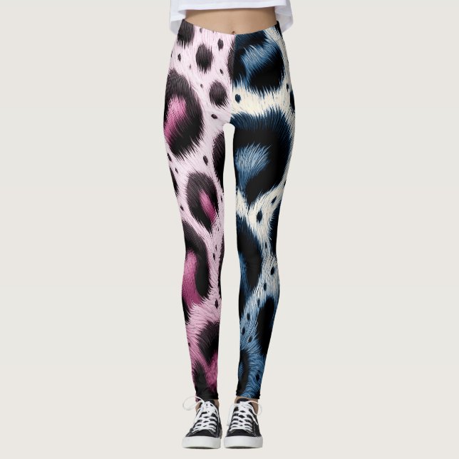 Pink & Blue Leopard Fur Animal Print Spots  Leggings (Front)
