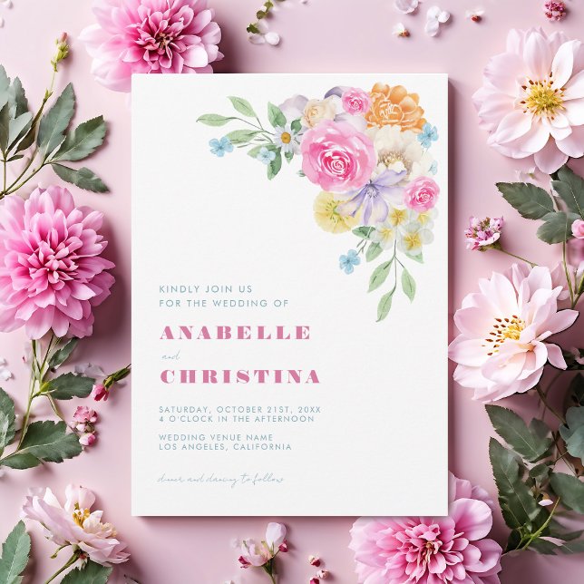 Pink Blue Lilac Watercolor Floral Vibrant Wedding Invitation (Creator Uploaded)