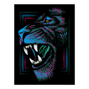 Pink Blue Lion Head Illustration - Lion Poster