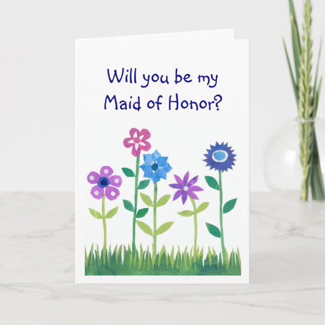 Pink, Blue, Mauve Flowers Maid of Honour Request Invitation (Front)