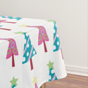 Pink & Blue Merry Christmas Trees White Tablecloth