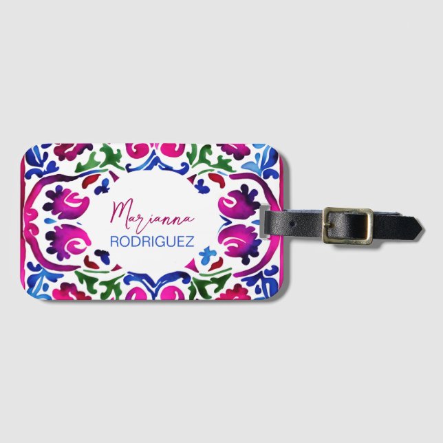 Pink blue Mexican Spanish Talavera tiles Luggage Tag (Front Horizontal)