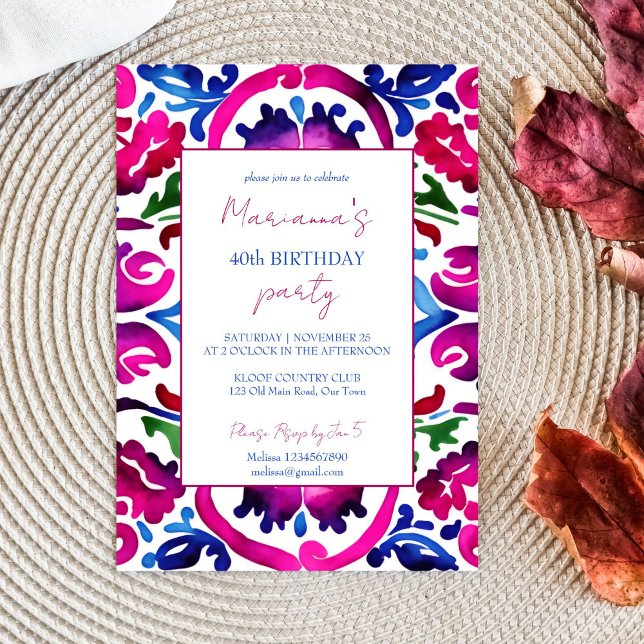 Pink blue Mexican Talavera tiles birthday template (Creator Uploaded)