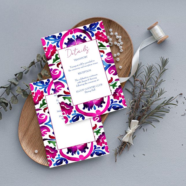 Pink blue Mexican Talavera tiles wedding details Enclosure Card (Pink blue Mexican Talavera tiles wedding details Enclosure Card Mediterranean wedding details card)