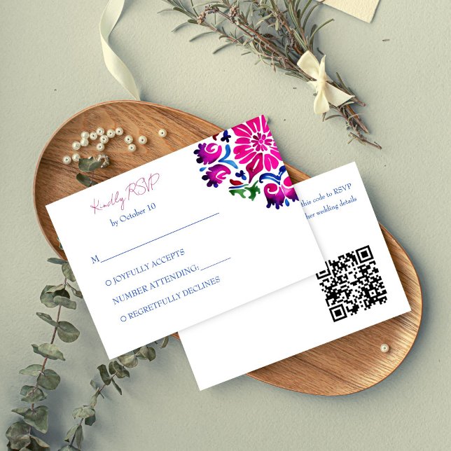 Pink blue Mexican Talavera tiles wedding RSVP Enclosure Card (Pink blue Mexican Talavera tiles wedding RSVP Enclosure Card qr code RSVP card folk pattern bold)