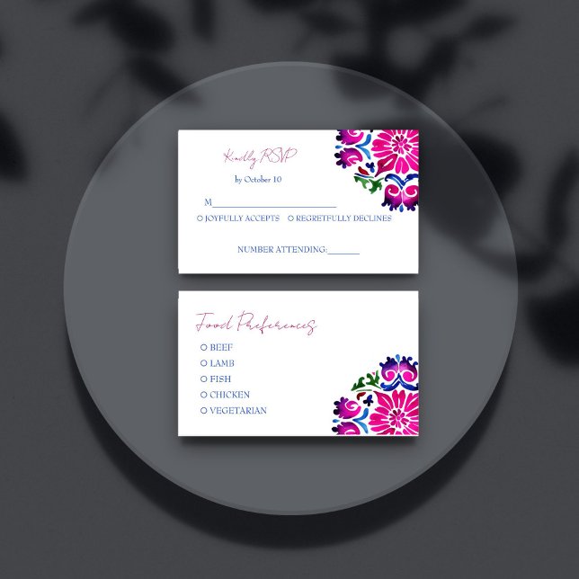 Pink blue Mexican Talavera tiles wedding RSVP Enclosure Card (Pink blue Mexican Talavera tiles wedding RSVP card)