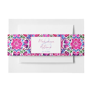 Pink blue Mexican Talavera tiles wedding template Invitation Belly Band