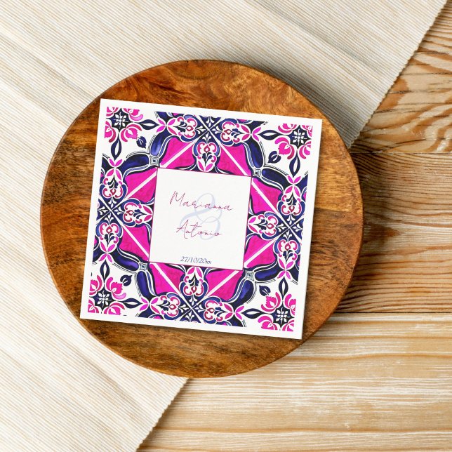 Pink blue Mexican tile wedding tableware template Napkin (Pink blue Mexican tile personalized wedding tableware template Napkins wedding reception decor)