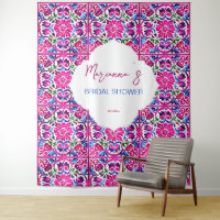 Pink blue Mexican tiles bridal shower backdrop