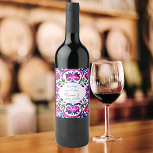 Pink blue Mexican tiles bridal shower cheers Wine Label