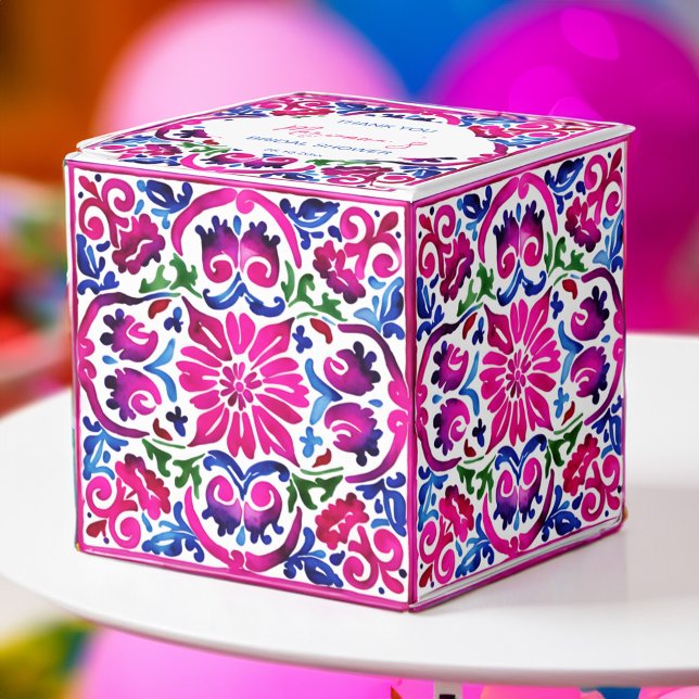 Pink blue Mexican tiles bridal shower Favour Box (Mexican themed wedding bridal shower party favor box pink and blue talavera tiles pattern favor box)
