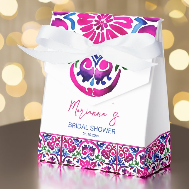 Pink blue Mexican tiles bridal shower Favour Box (Mexican Talavera tiles pink and blue Fiesta Mexicana themed bridal shower favor gift box)