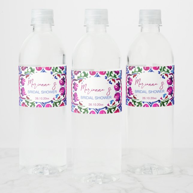 Pink blue Mexican tiles bridal shower personalised Water Bottle Label (Bottles)