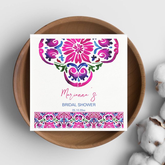 Pink blue Mexican tiles bridal shower tableware Napkin (Pink blue Maxican Talavera tiles bridal shower tableware personalized napkins modern watercolor)