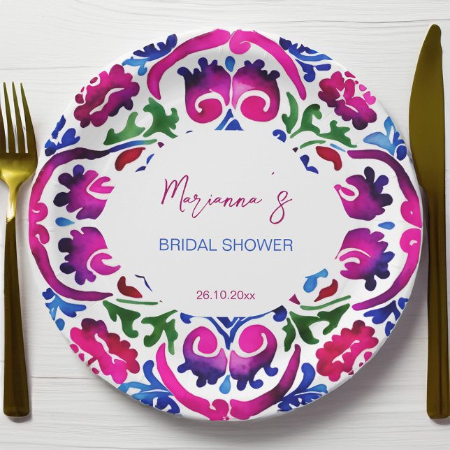 Pink blue Mexican tiles bridal shower tableware Paper Plate (Pink blue Mexican tiles bridal shower tableware personalized Plates fiesta Mexicana party plates)