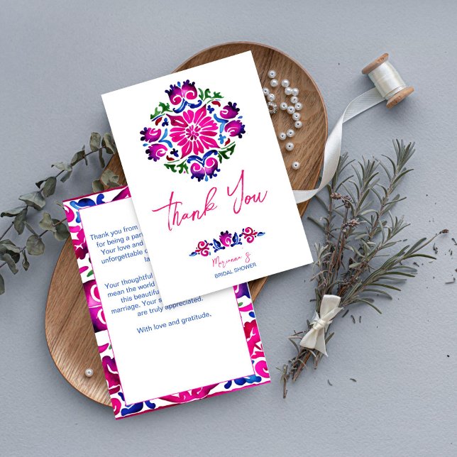 Pink blue Mexican tiles bridal shower thank you (Pink blue Mexican Spanish talavera tiles bridal shower thank you card wedding thank you card)