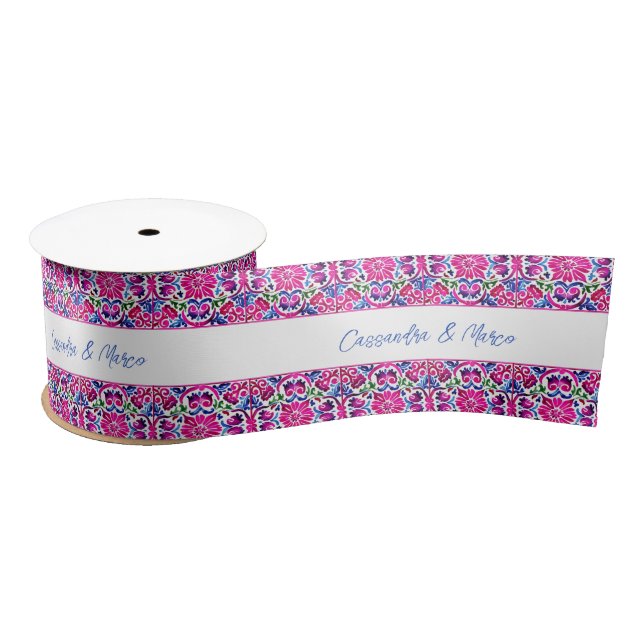 Pink blue Mexican tiles personalised name gift Satin Ribbon (Spool)