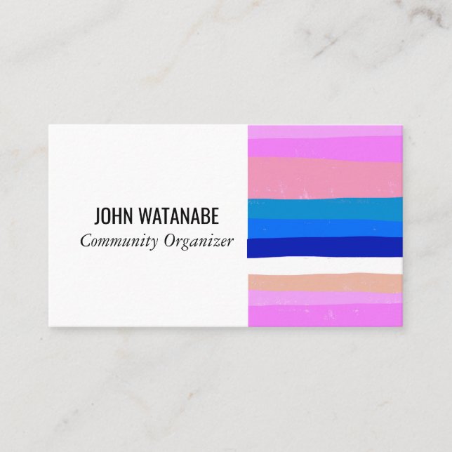 Pink Blue Minimalist Stripes Handmade Business Card (Front)