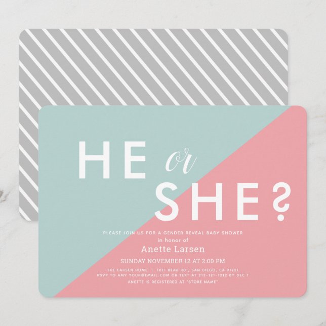 Pink & Blue Modern Gender Reveal Baby Shower Invitation (Front/Back)