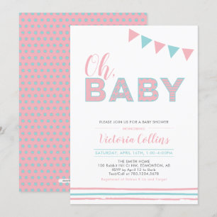 Pink & Blue   Modern Typography Girl Baby Shower Invitation