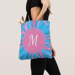Pink Blue Modern Watercolor Pattern Monogram Tote Bag