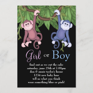 Pink Blue Monkey Gender Reveal Party Invitations