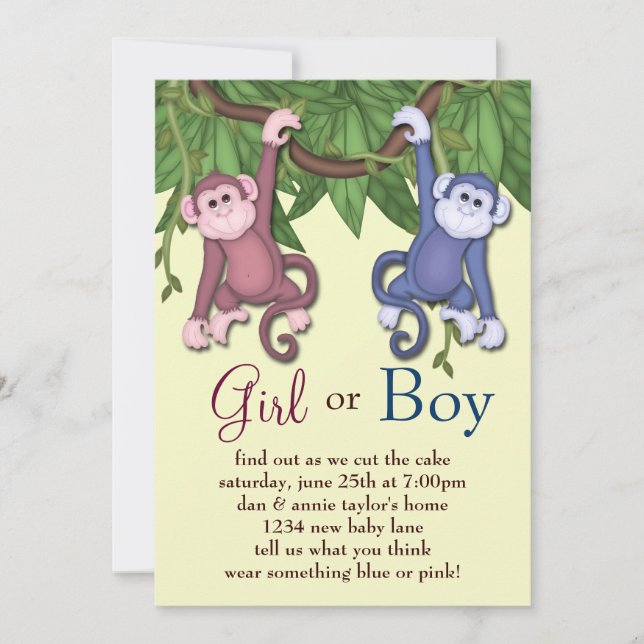Pink Blue Monkey Gender Reveal Party Invitations (Front)