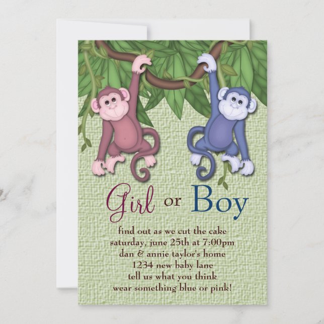Pink Blue Monkey Gender Reveal Party Invitations (Front)