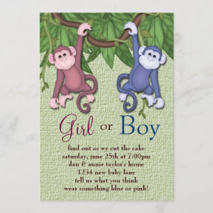 Pink Blue Monkey Gender Reveal Party Invitations
